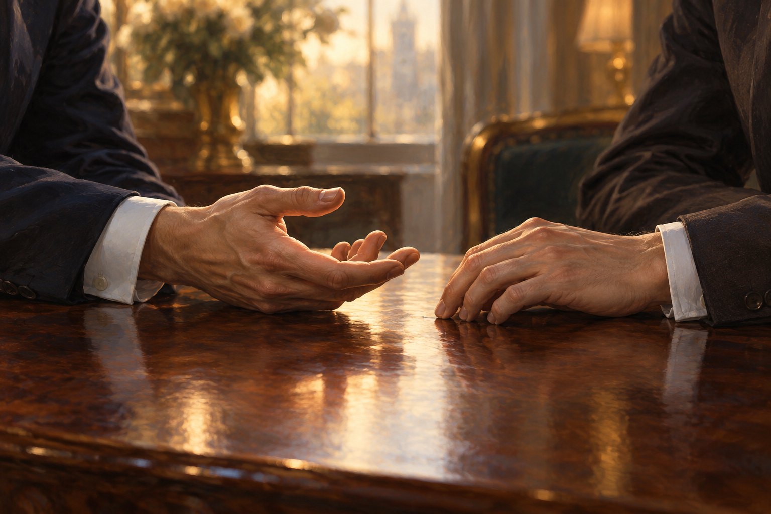 Conceptual illustration of two men’s hands resting close together on a polished table, with one palm extended in invitation.