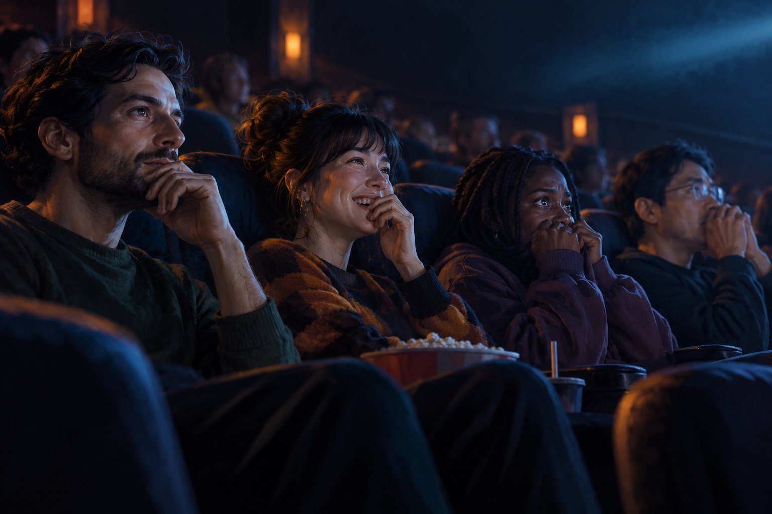 Illustration of fictional moviegoers reacting with curiosity, amusement, and apprehension in a dimly lit theater.