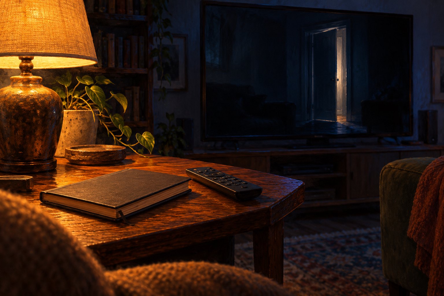 Illustration of a notebook and remote beside a warm lamp, with a shadowy doorway reflected in a television.