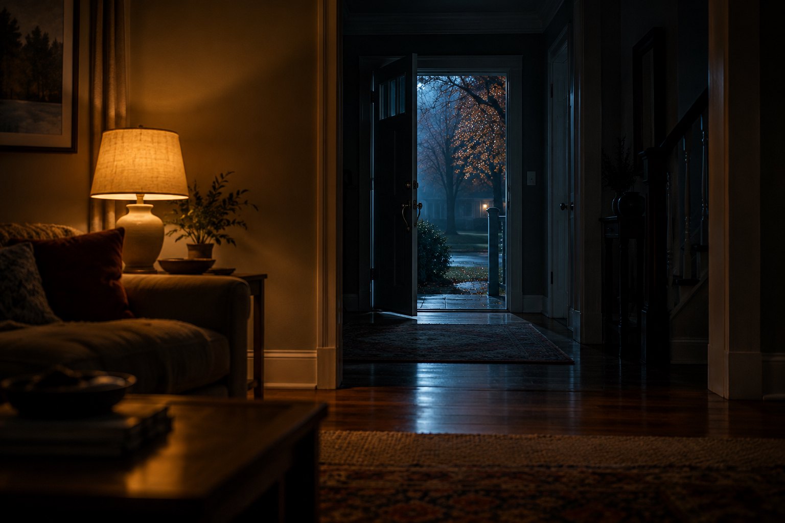 An empty living room with a warm table lamp opens onto a dark hallway and a blue-lit suburban porch.