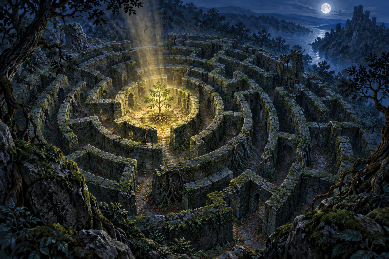 A green sapling glows at the center of a weathered stone labyrinth beneath a moonlit sky.