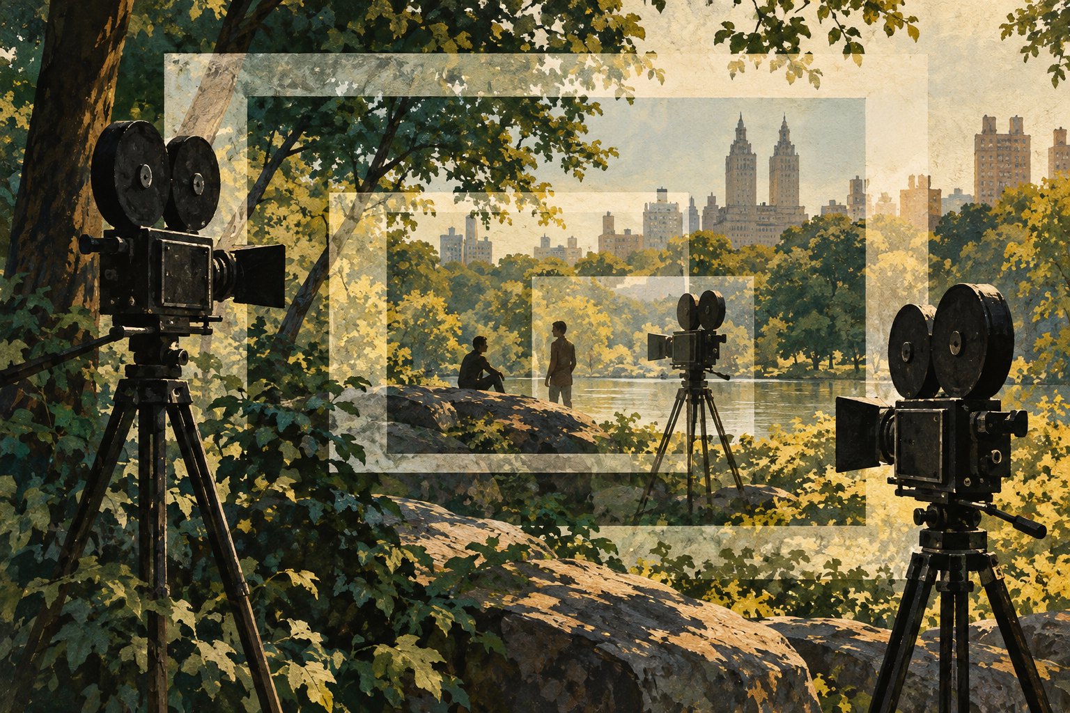 Conceptual illustration of vintage movie cameras and distant performers in a leafy park, with overlapping rectangular frames.