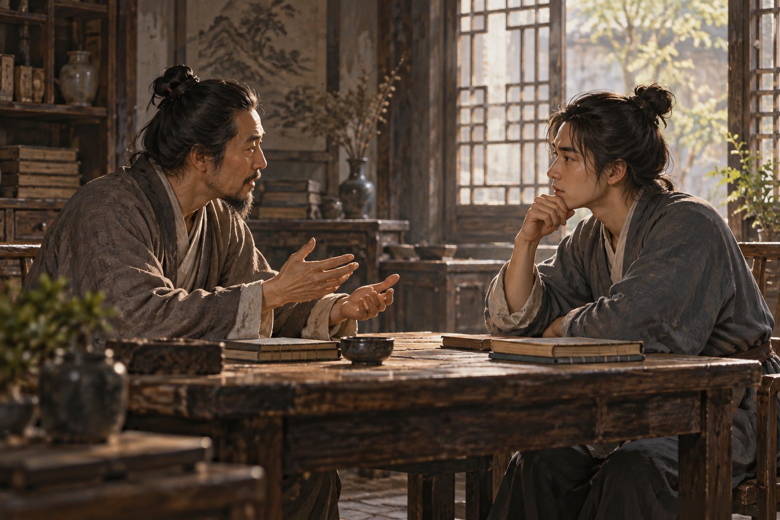 旧式书房里教师与成年学生隔桌倾听彼此的师生对话概念插画,非影片剧照