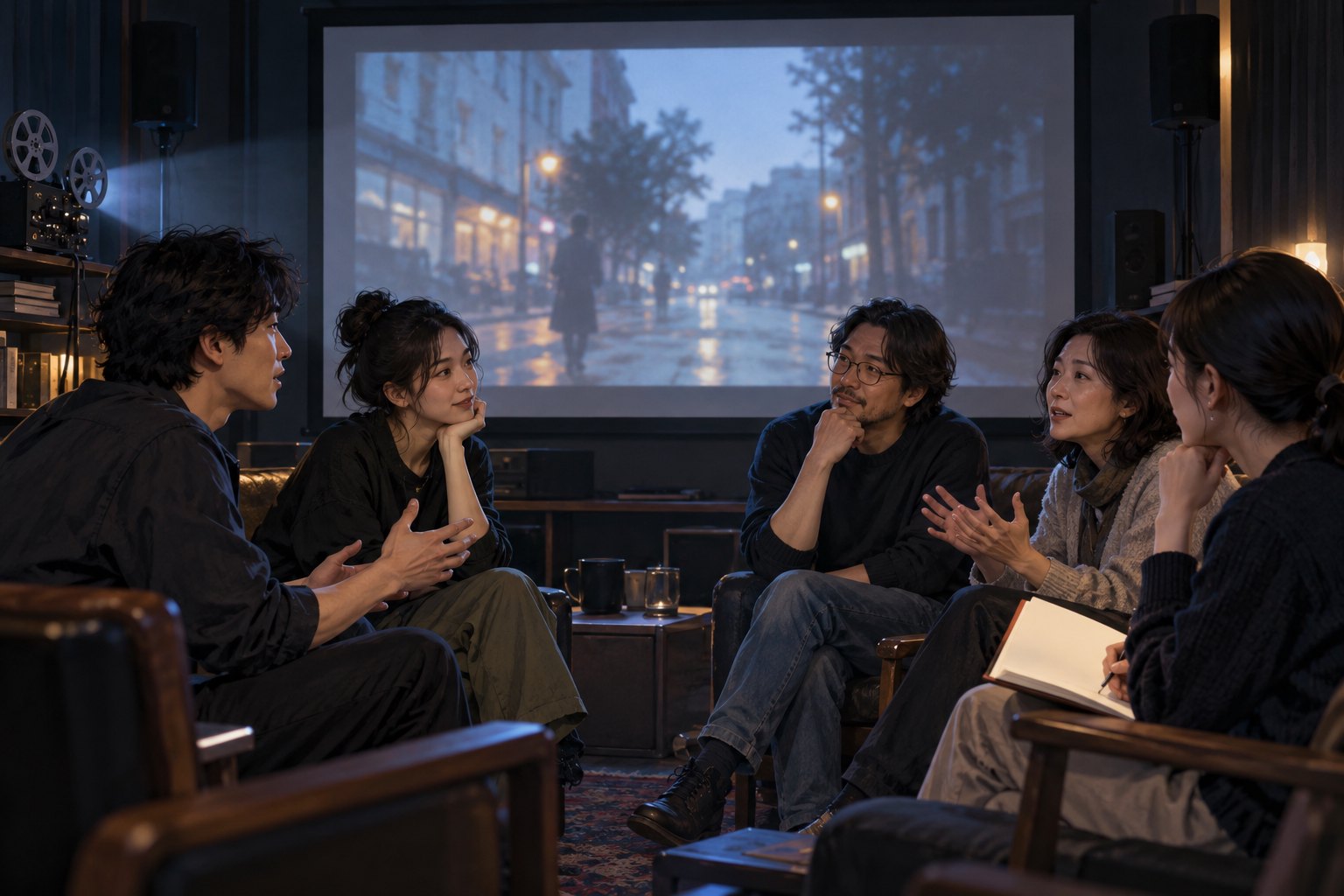 小型放映室里创作者与观众围坐交流观影感受的主题示意图