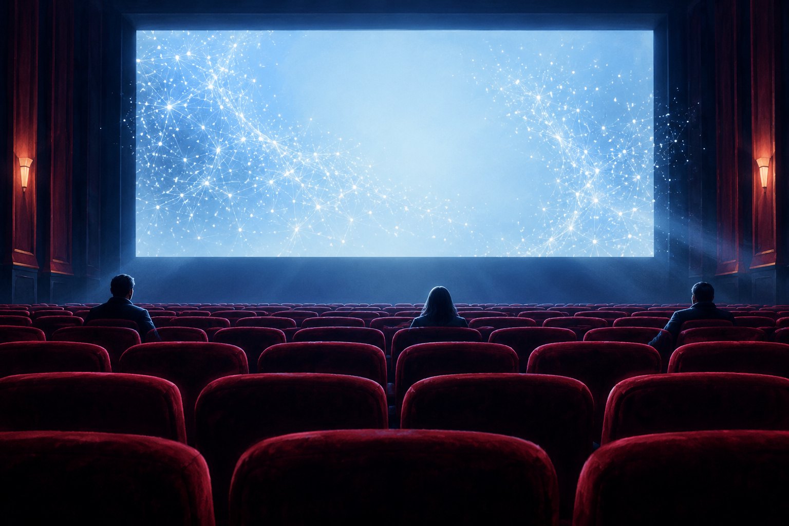 Conceptual illustration of three scattered viewers facing a glowing cinema screen patterned with abstract digital connections.
