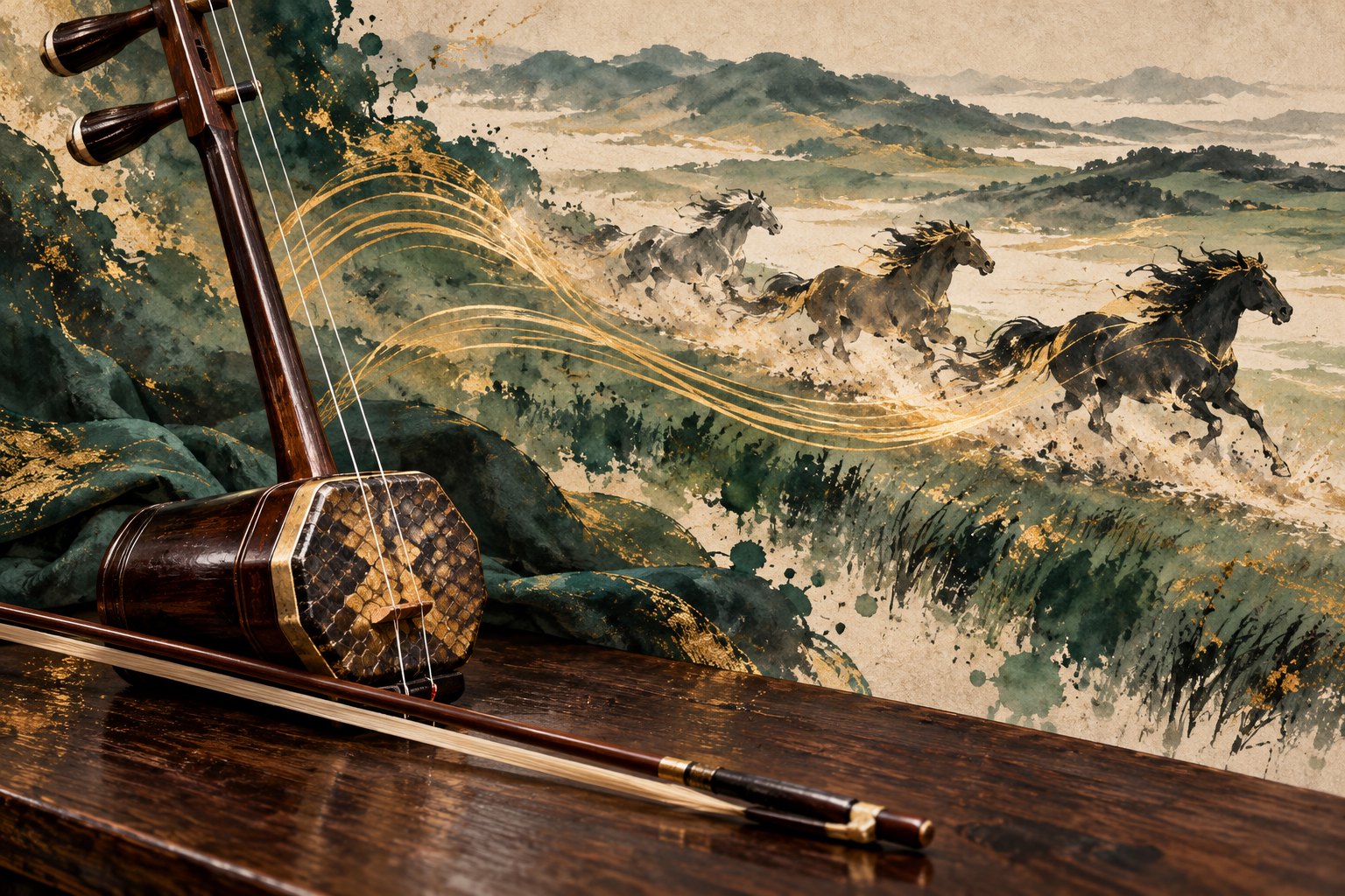 概念插画：二胡与琴弓旁的金色节奏线延伸至水墨奔马