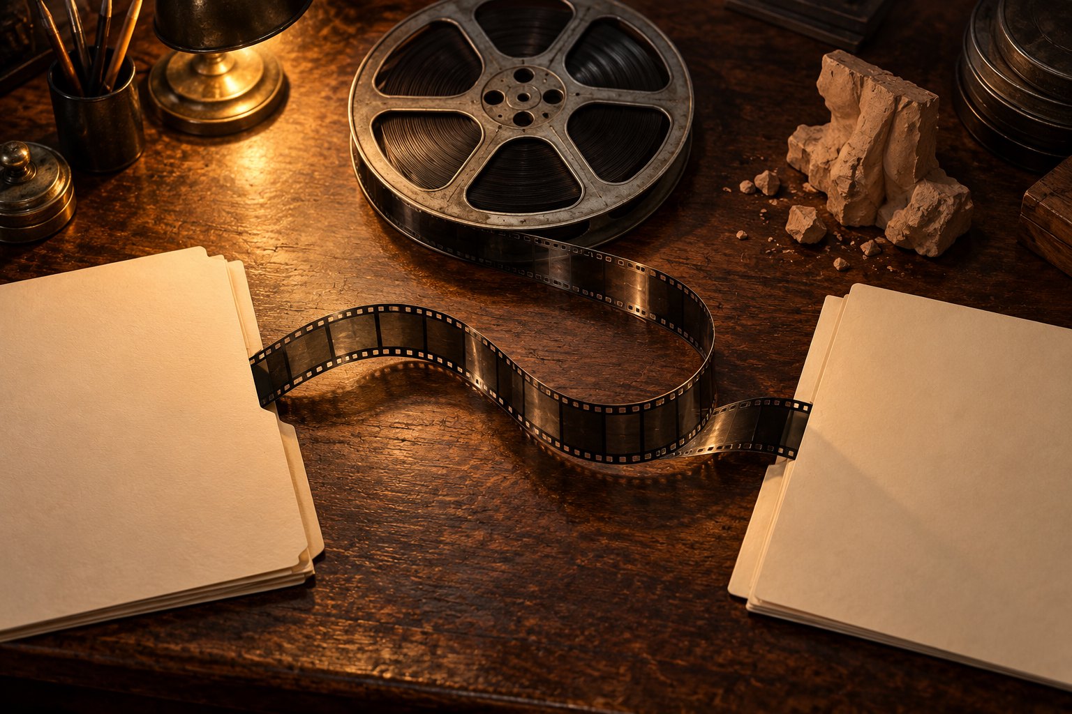 Conceptual illustration of an unspooled film reel between two blank folders, beside a clay fragment on a warmly lit wooden desk.