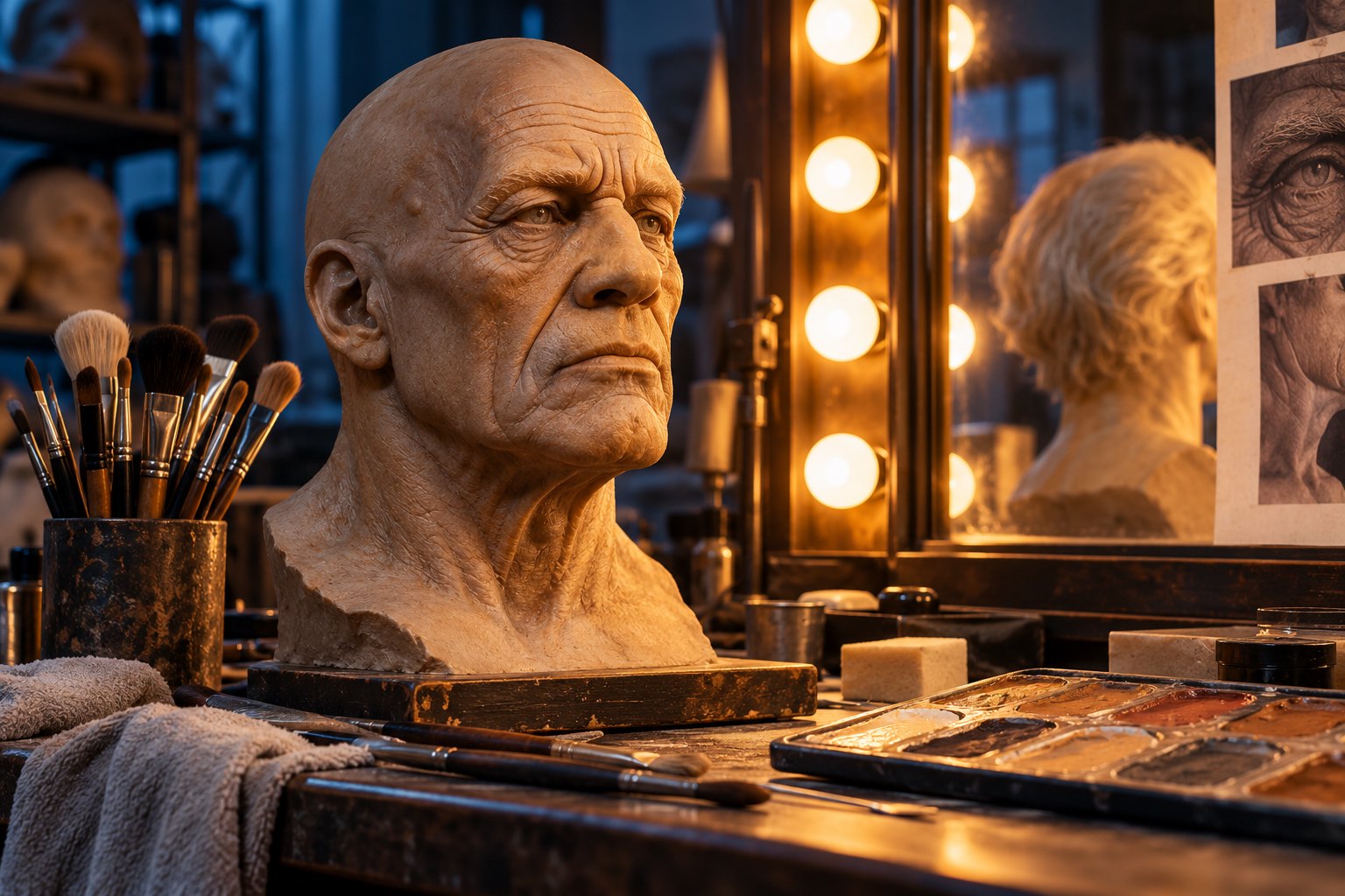 Conceptual illustration of an elderly face sculpture, makeup brushes, and a pigment palette beside a warmly lit studio mirror.