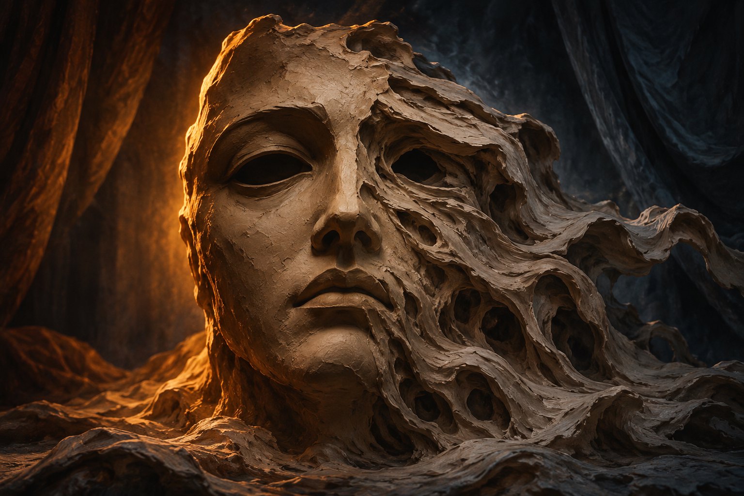 Conceptual illustration of a clay face dissolving into folds against a dark backdrop with amber and blue lighting.