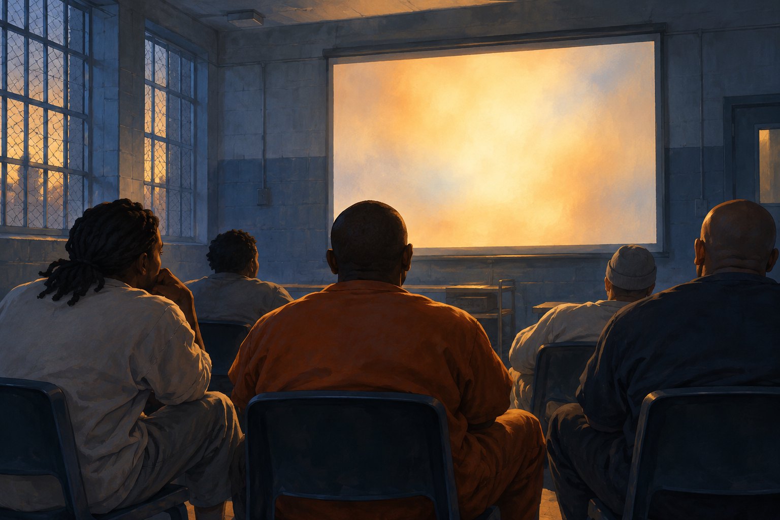 Conceptual illustration of anonymous viewers facing a glowing blank screen in an institutional room.