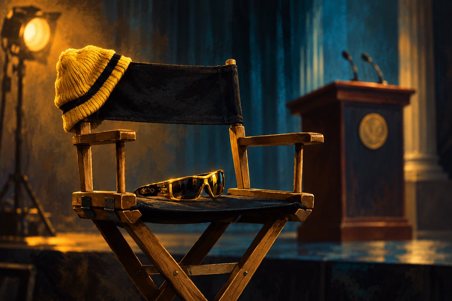Illustration of a yellow knit cap and gold sunglasses on a director’s chair with an empty lectern behind it.