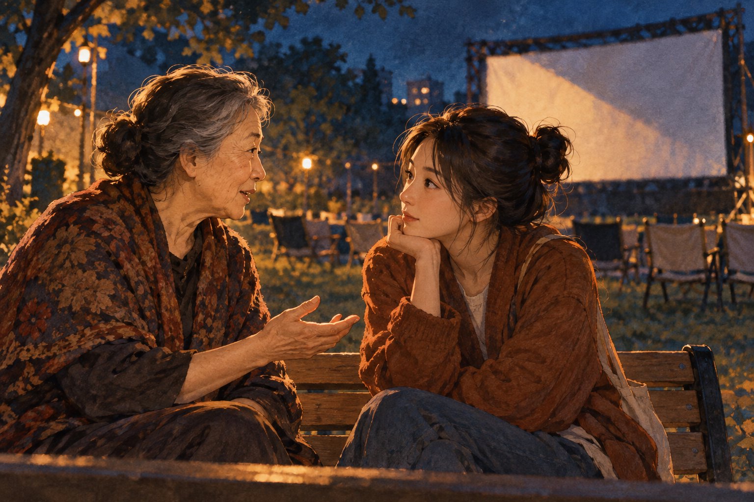 老年女性与青年女性在露天银幕旁交谈，映后交流主题插画