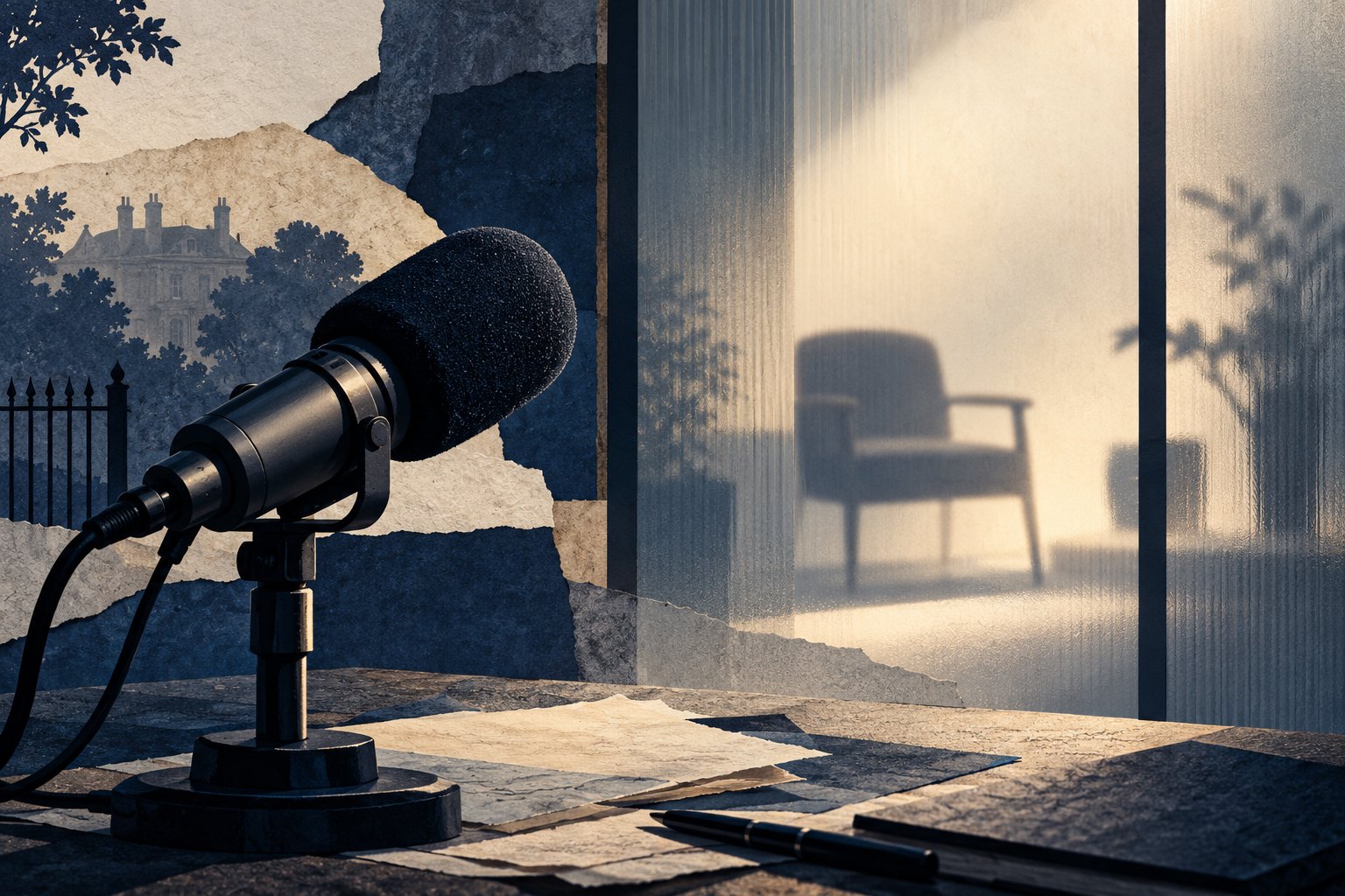 Editorial illustration of a broadcast microphone with an empty chair behind a frosted glass partition.