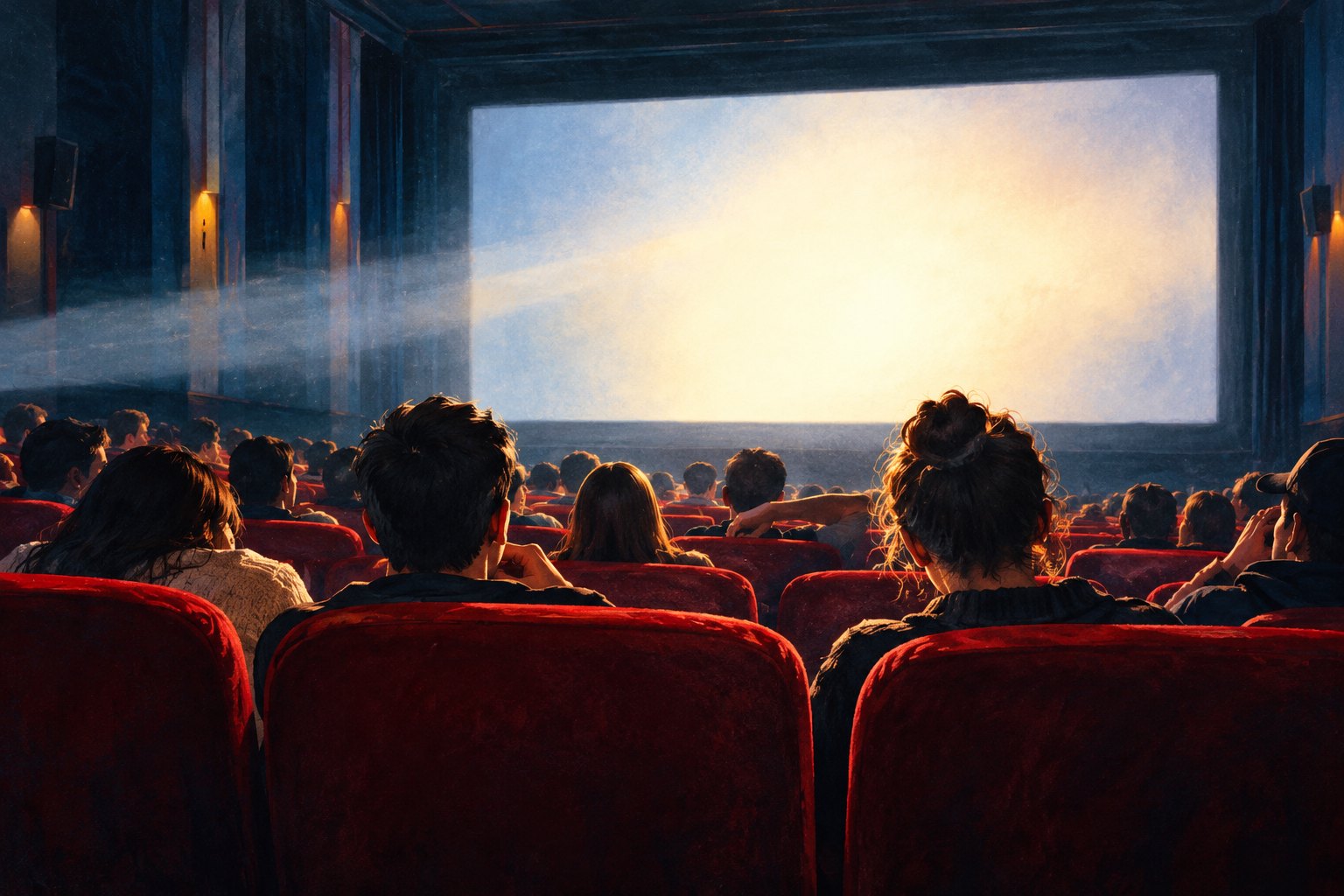 原创插画：观众坐在红色影院座椅中，面向放映光束照亮的银幕