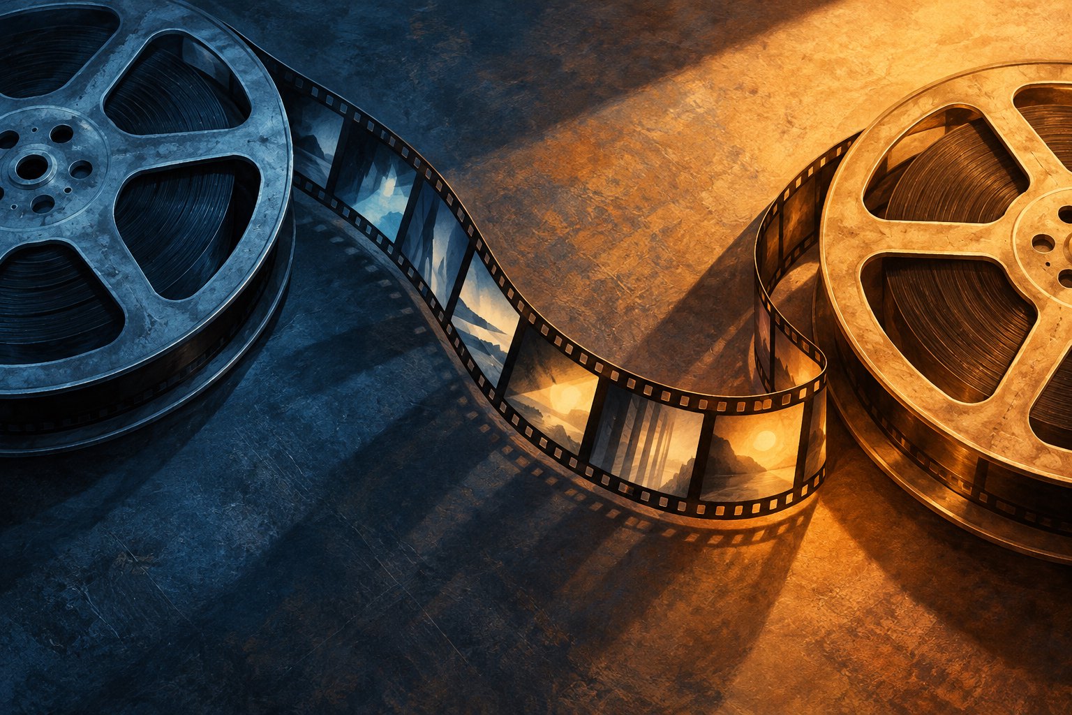 Two illustrated film reels sit in blue shadow and amber light, connected by a curving strip of film.