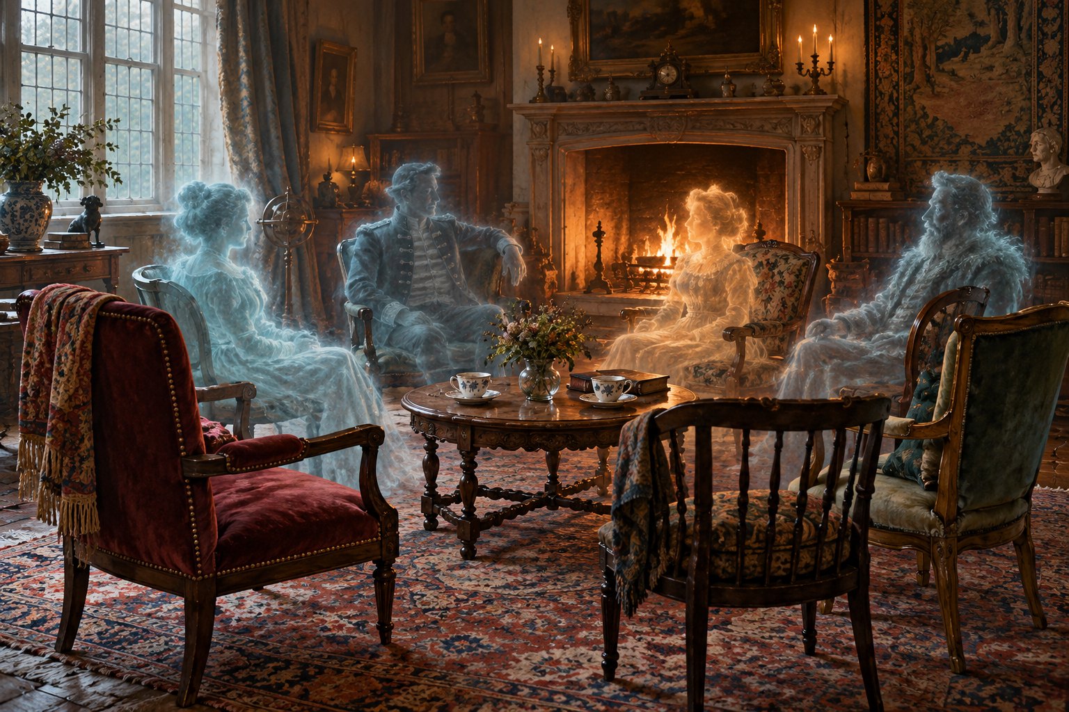 Concept illustration of translucent figures gathered among mismatched chairs around a drawing-room table.