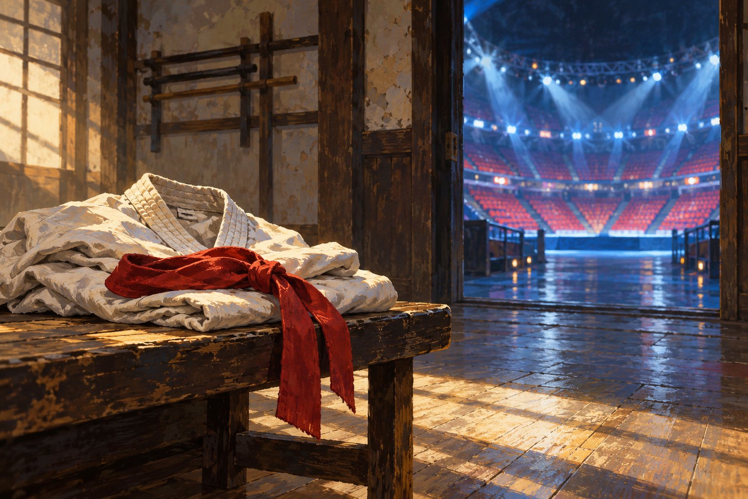Conceptual illustration of a white karate gi and red headband on a wooden bench overlooking an empty, brightly lit arena.