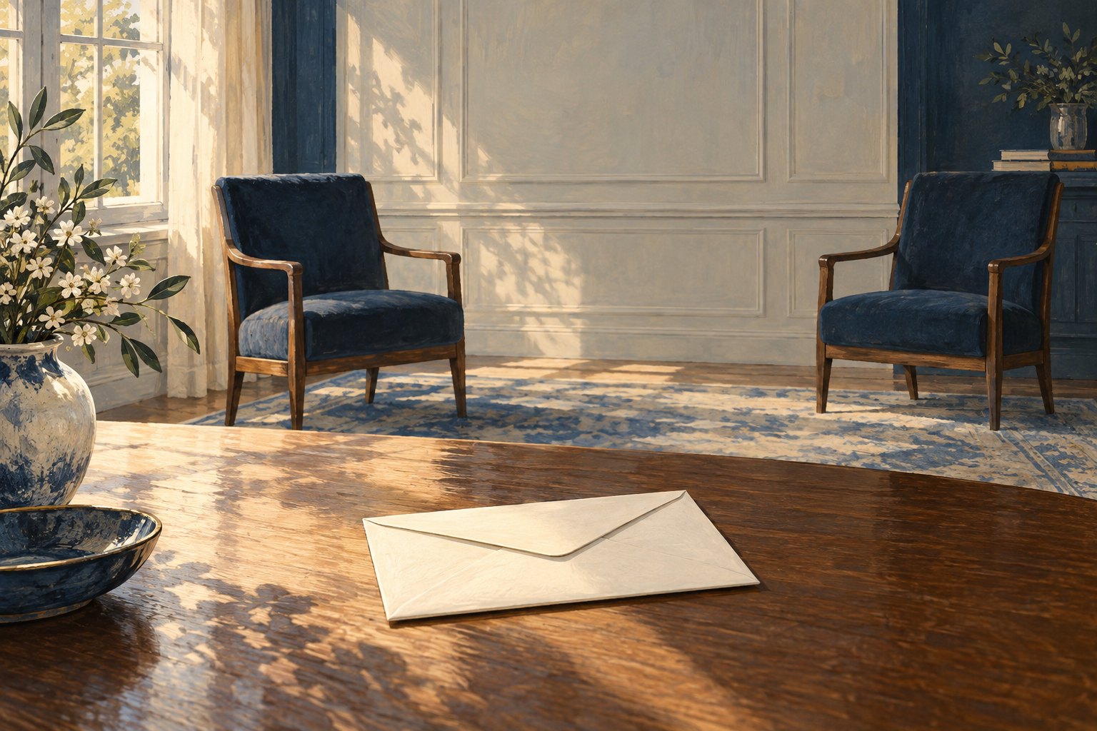 Conceptual illustration of a sealed envelope on a wooden table with two separated empty chairs in a sunlit room.