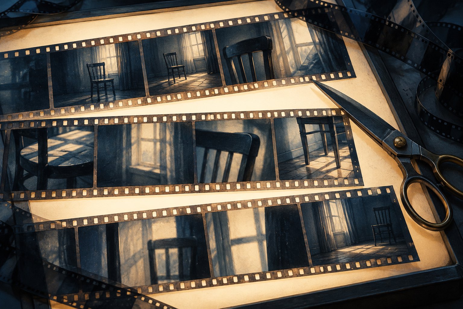 Conceptual illustration of photographic film strips and editing scissors on an illuminated table, with frames showing an empty chair and window.