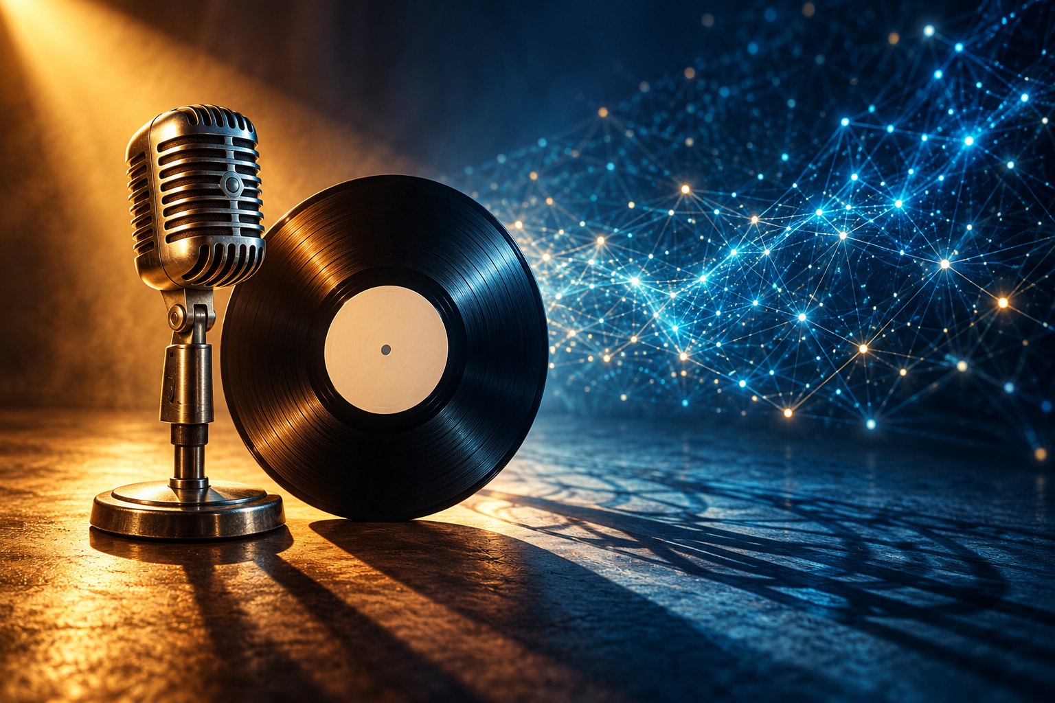 A vintage microphone and blank-label vinyl record meet an abstract blue digital network in an editorial illustration.