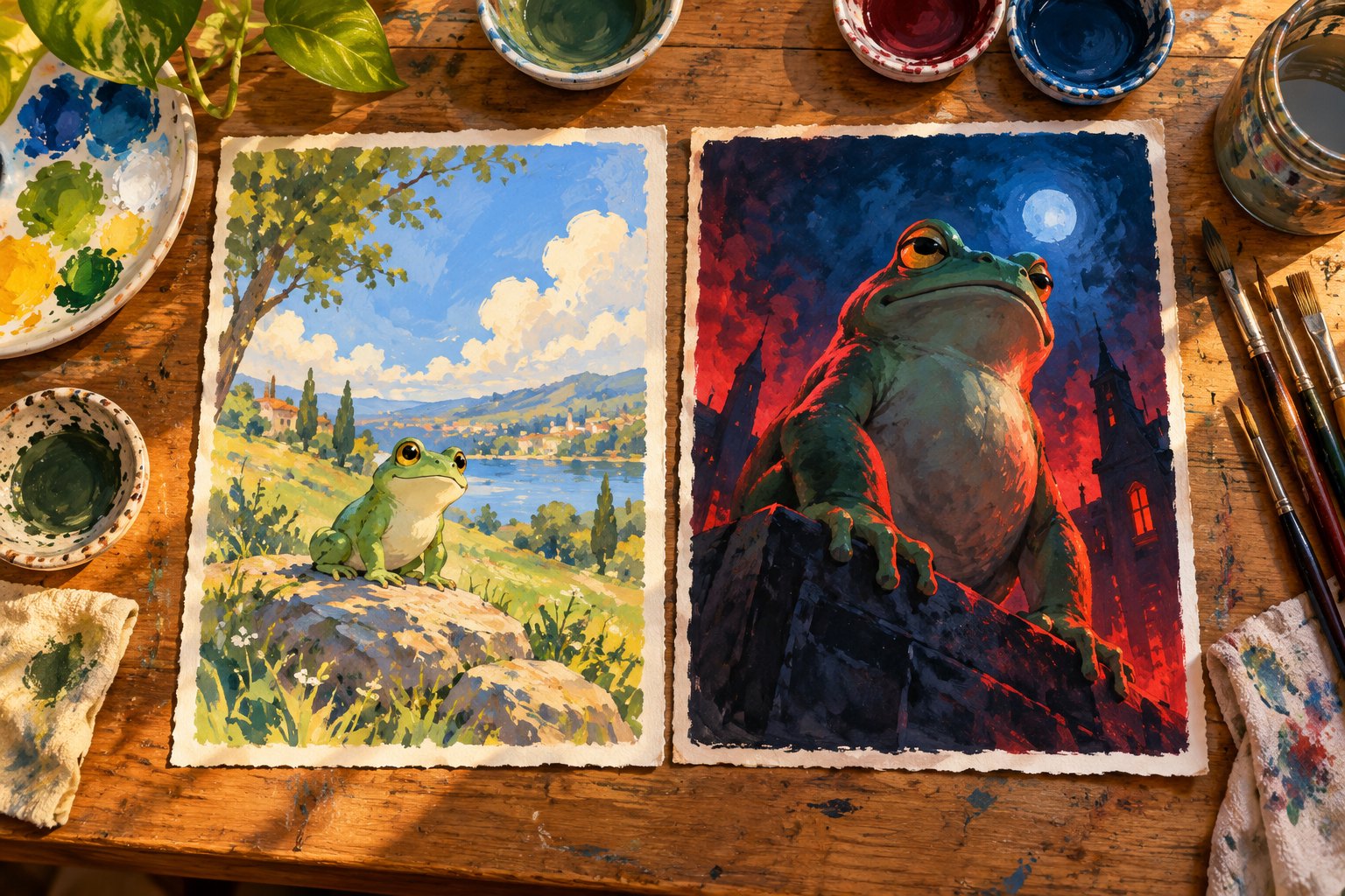 Concept illustration of two frog paintings on an artist’s table, contrasting a sunny landscape with an imposing nighttime portrait.