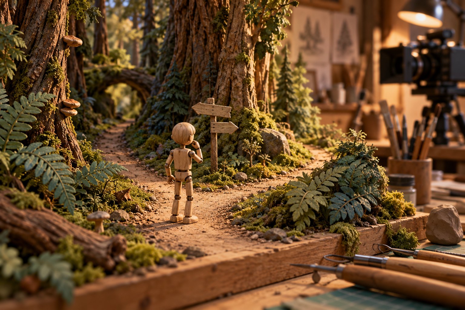 Conceptual illustration of a wooden puppet at a woodland crossroads on a miniature animation set, with tools and a camera nearby.
