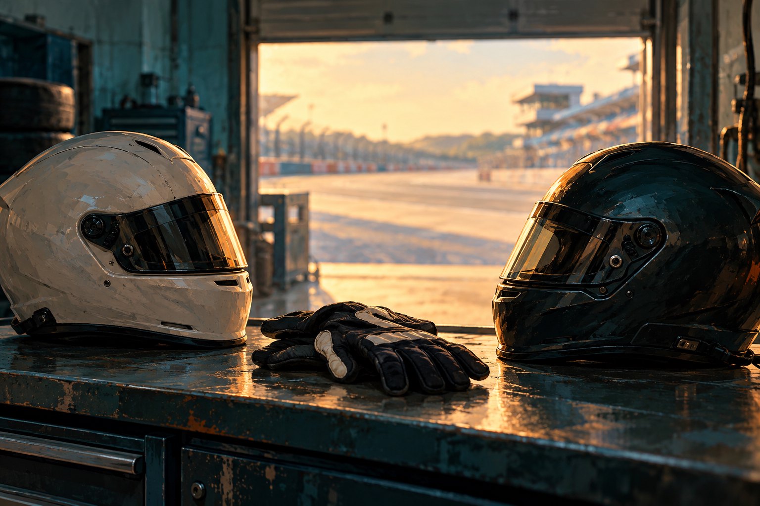 Conceptual illustration of two racing helmets and gloves on a garage workbench overlooking a sunlit circuit.