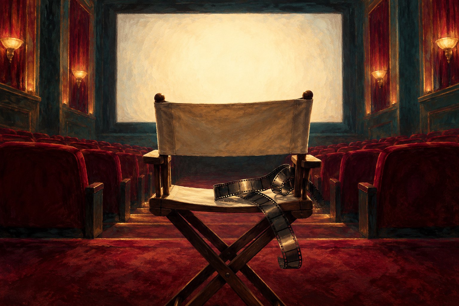 An empty director’s chair holding a strip of film faces a blank screen in a red-seated movie theater.