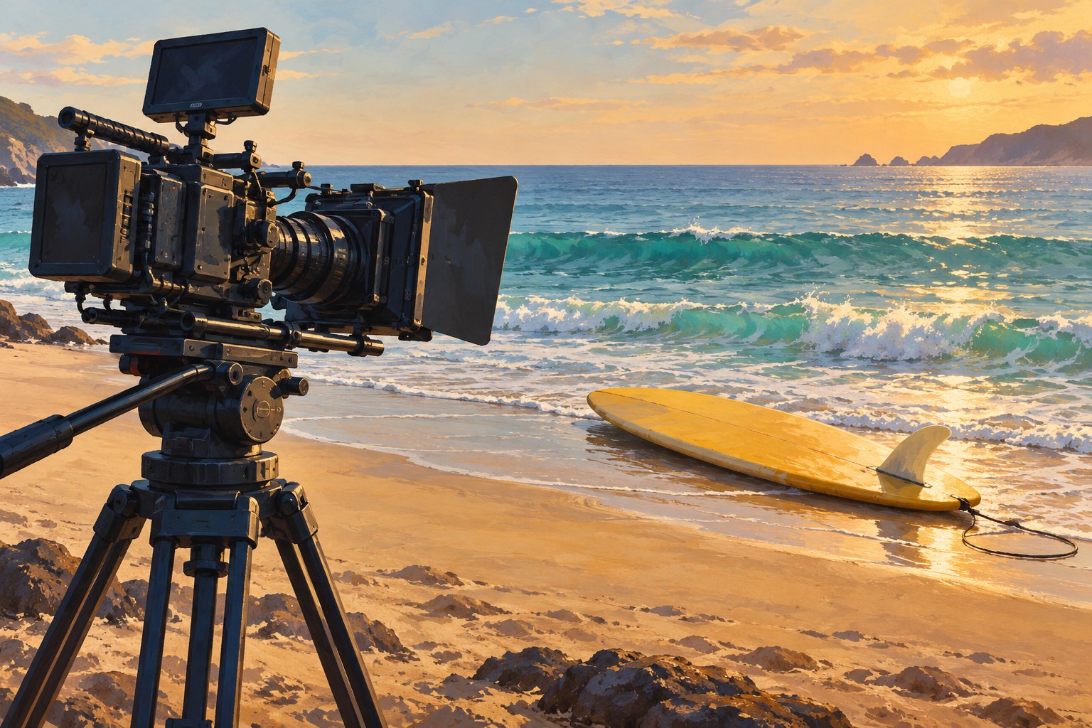 Conceptual illustration of a cinema camera on a beach facing a yellow surfboard at the water’s edge in golden light.