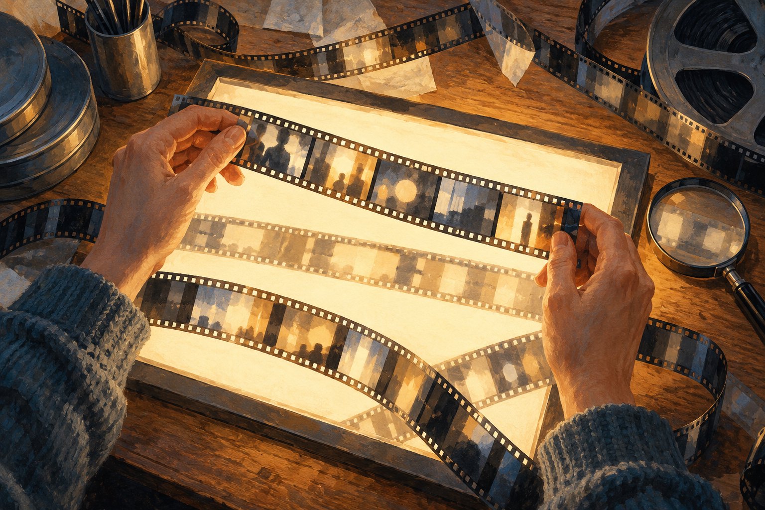 Conceptual illustration of hands examining a filmstrip over an illuminated editing table.