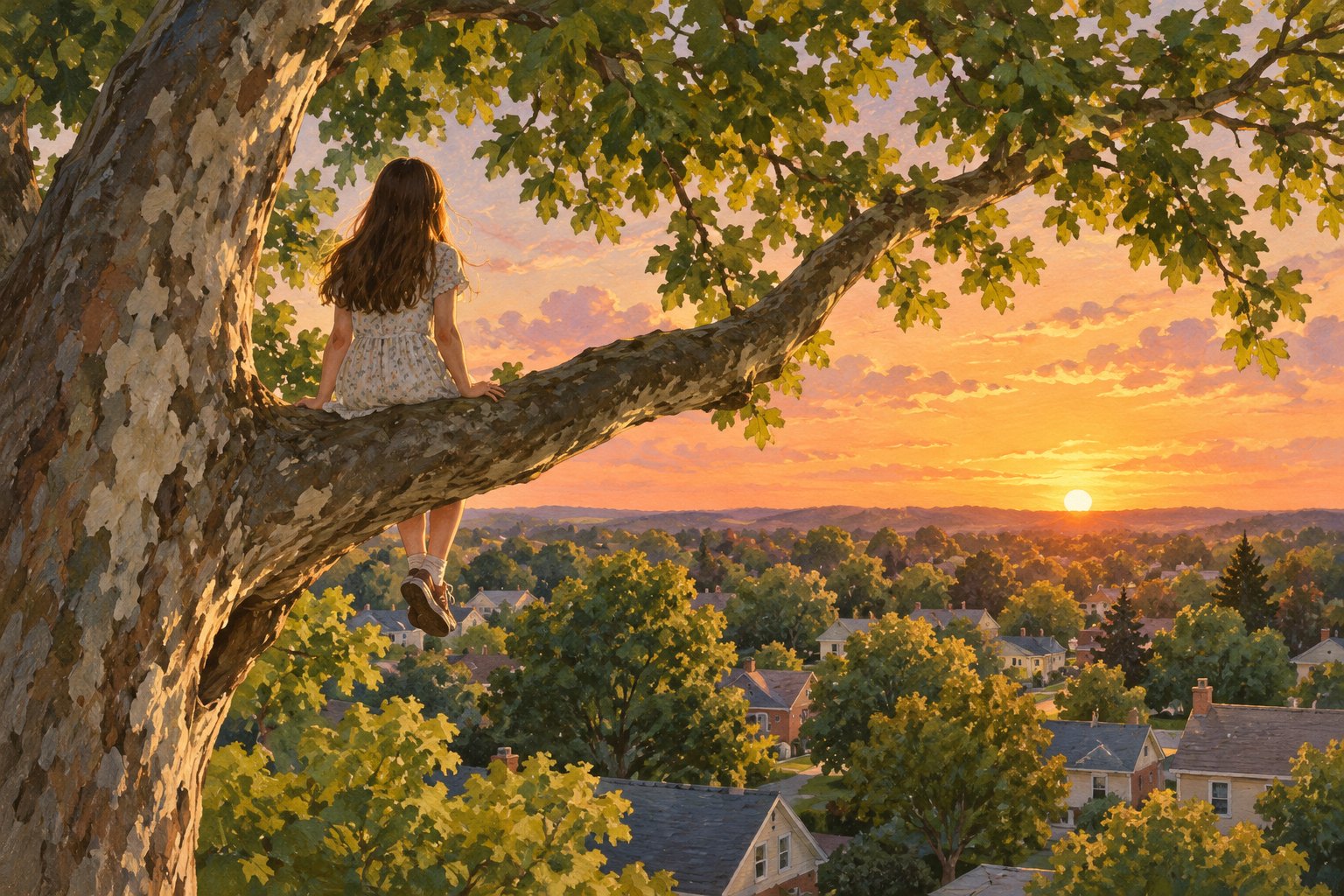 原创概念插画：少女坐在大树枝头，眺望夕阳下的住宅与远方