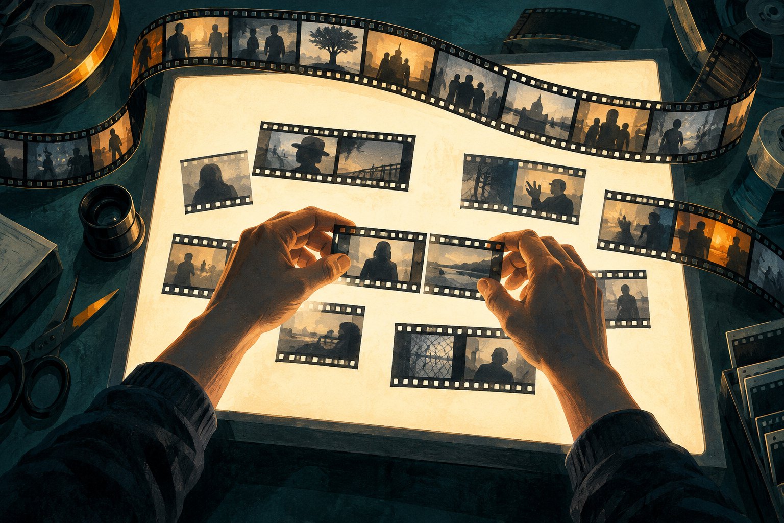 Conceptual illustration of an editor arranging separate film frames on an illuminated table.