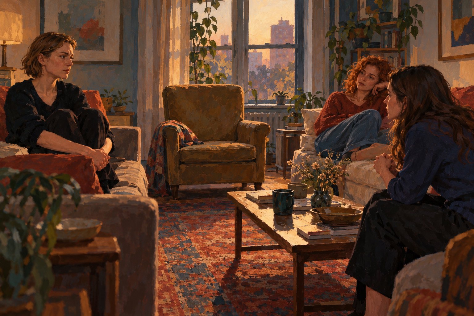 Conceptual painting of three sisters seated around an empty armchair in a softly lit apartment.
