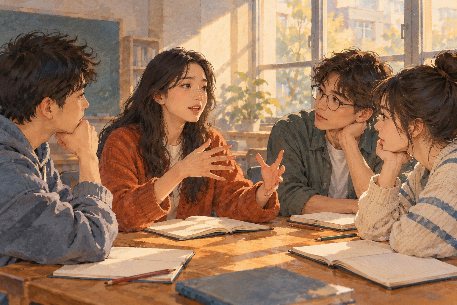 四名青年学生围坐教室木桌交流观影感受,桌上摊着笔记本,原创插画