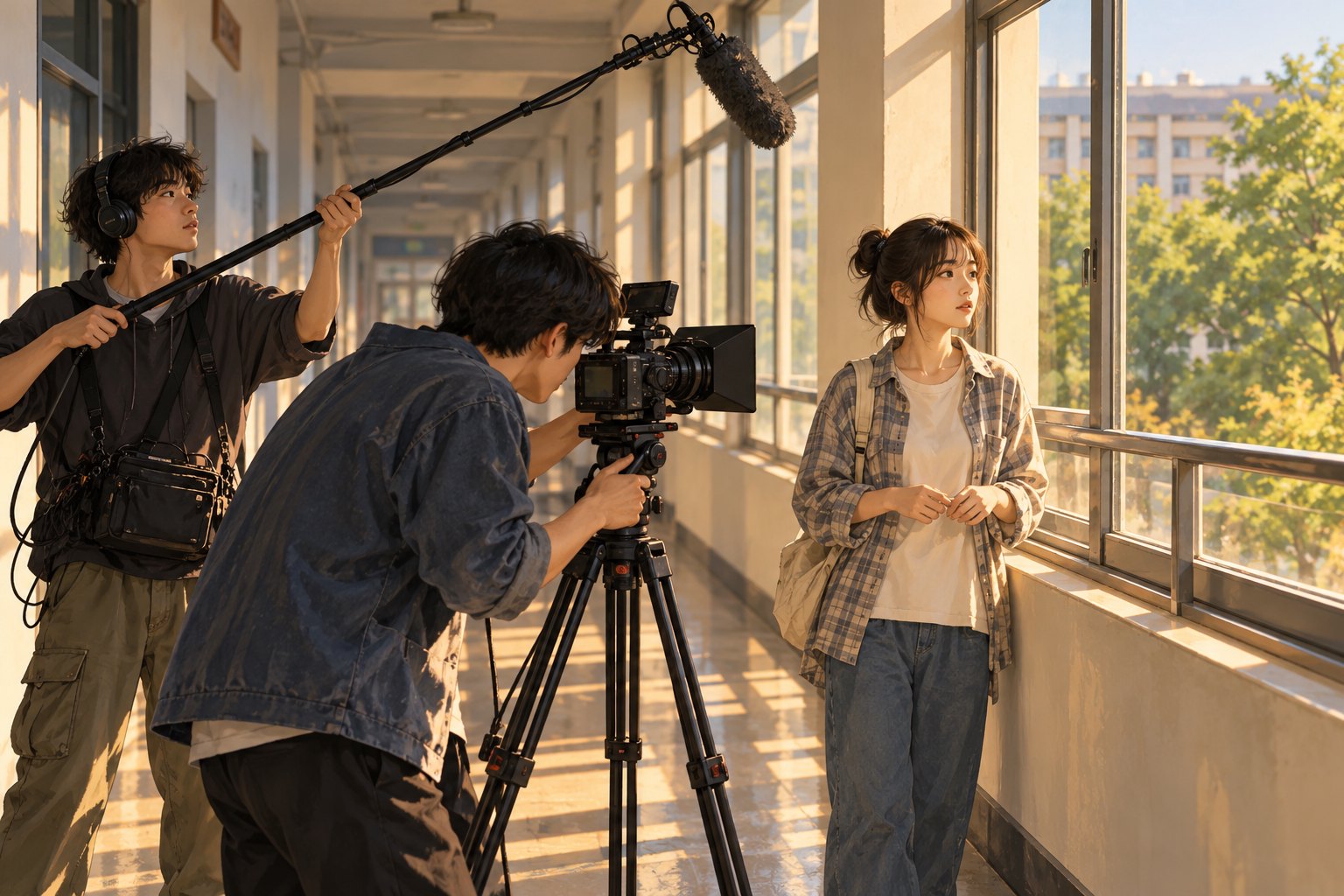 青年短片团队在校园走廊操作摄影机、举起收音杆并准备表演的创作主题插画