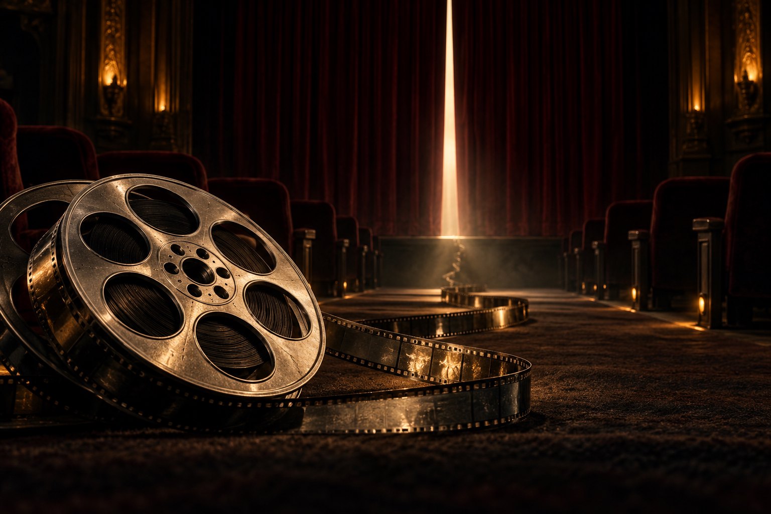 A film reel and loose film strip sit in an empty theater facing closed curtains illuminated by a narrow beam of light.