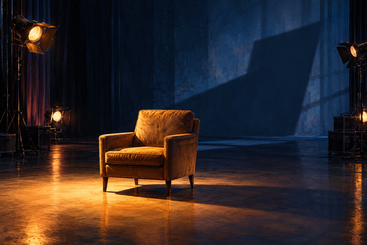 Conceptual illustration of an empty armchair under warm studio lights, casting a long shadow across a blue soundstage.