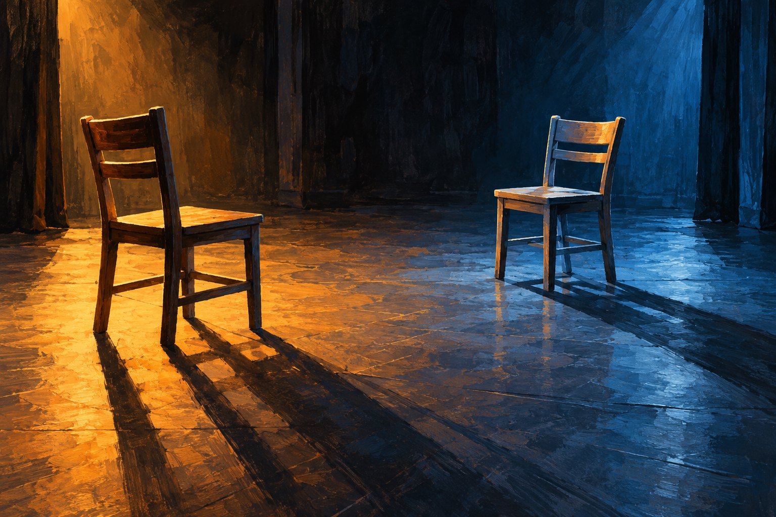 Conceptual illustration of two empty wooden chairs casting long shadows across a rehearsal stage in amber and blue light.