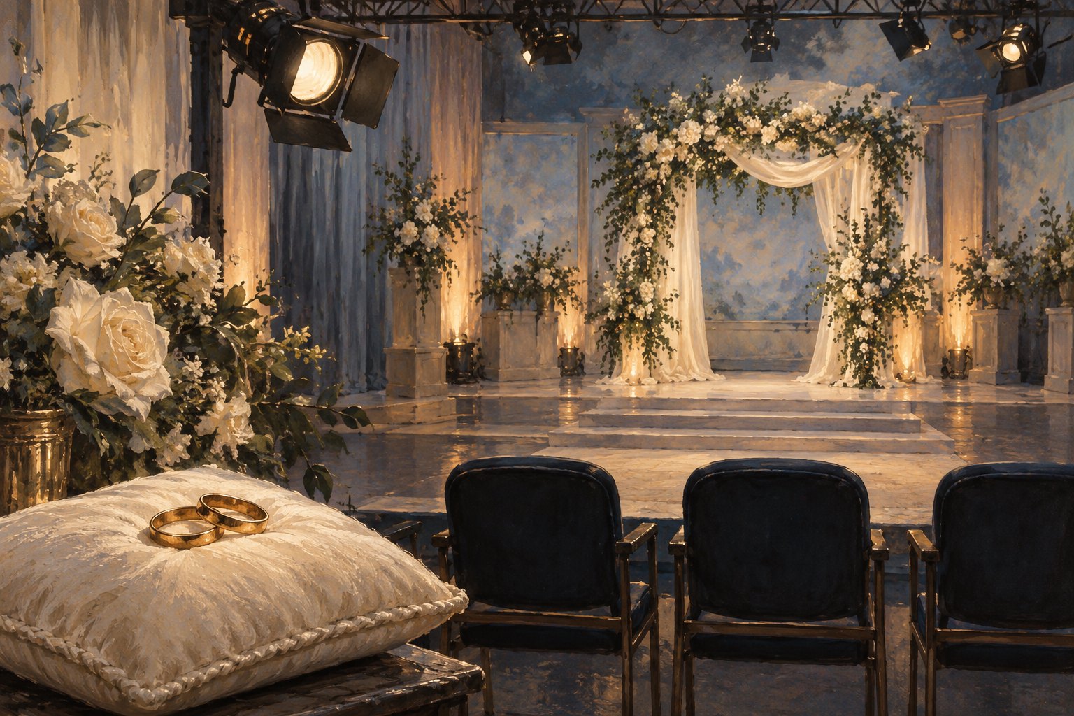 Conceptual illustration of wedding rings on an ivory cushion beside empty audience chairs facing a softly lit television wedding set.