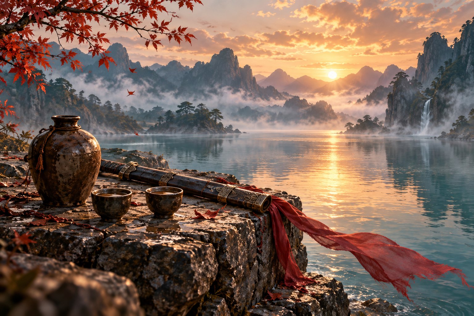 原创武侠意象插画:湖边石台上的酒壶、双杯与入鞘长剑,红绸迎风飘向水面