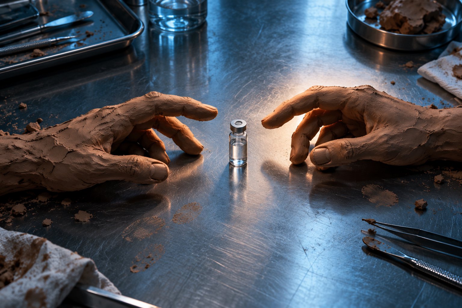 Two sculpted clay hands reach toward a small glass vial on a cool blue laboratory table.