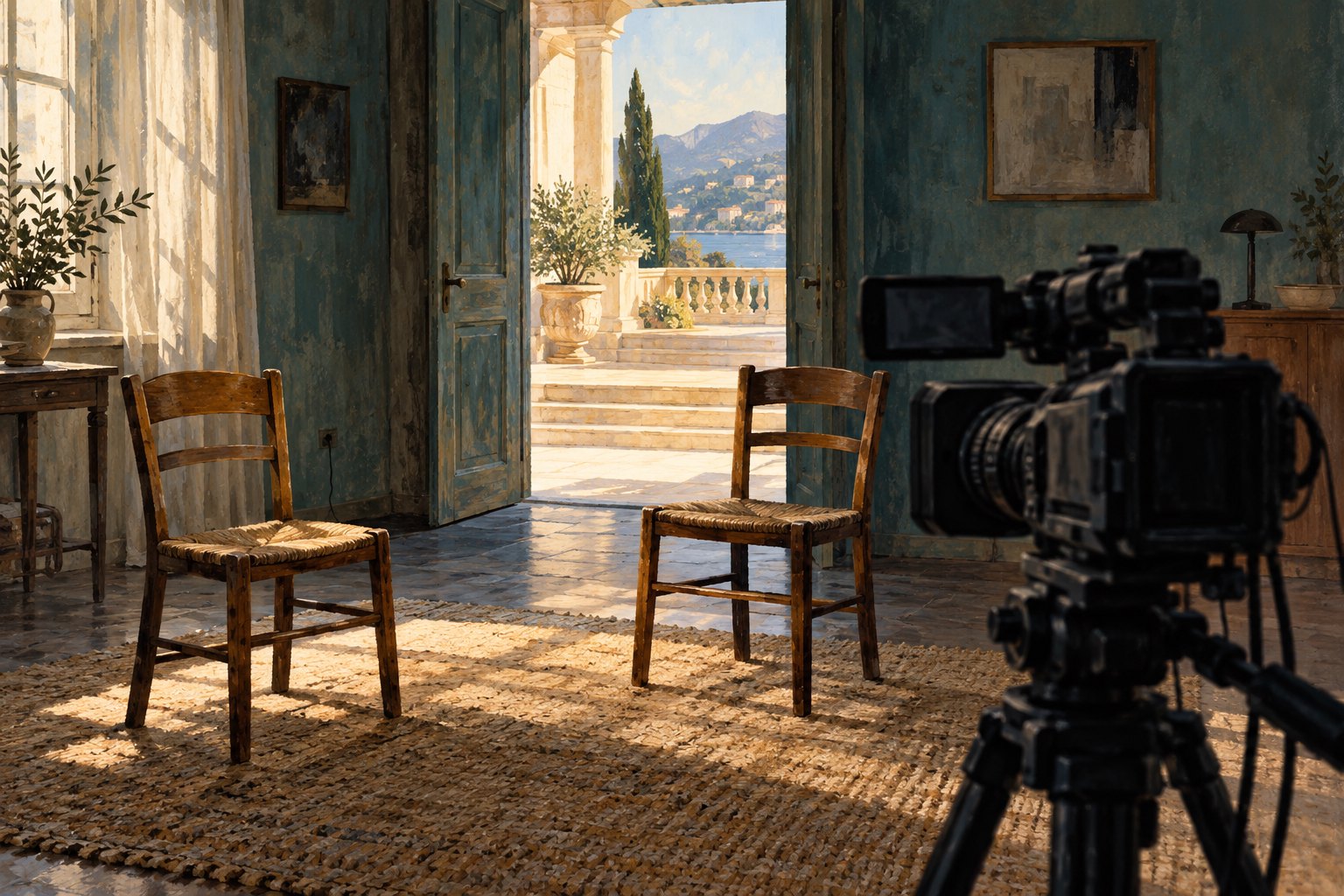 Conceptual illustration of a documentary camera facing two empty wooden chairs beside a doorway opening onto a sunlit terrace.