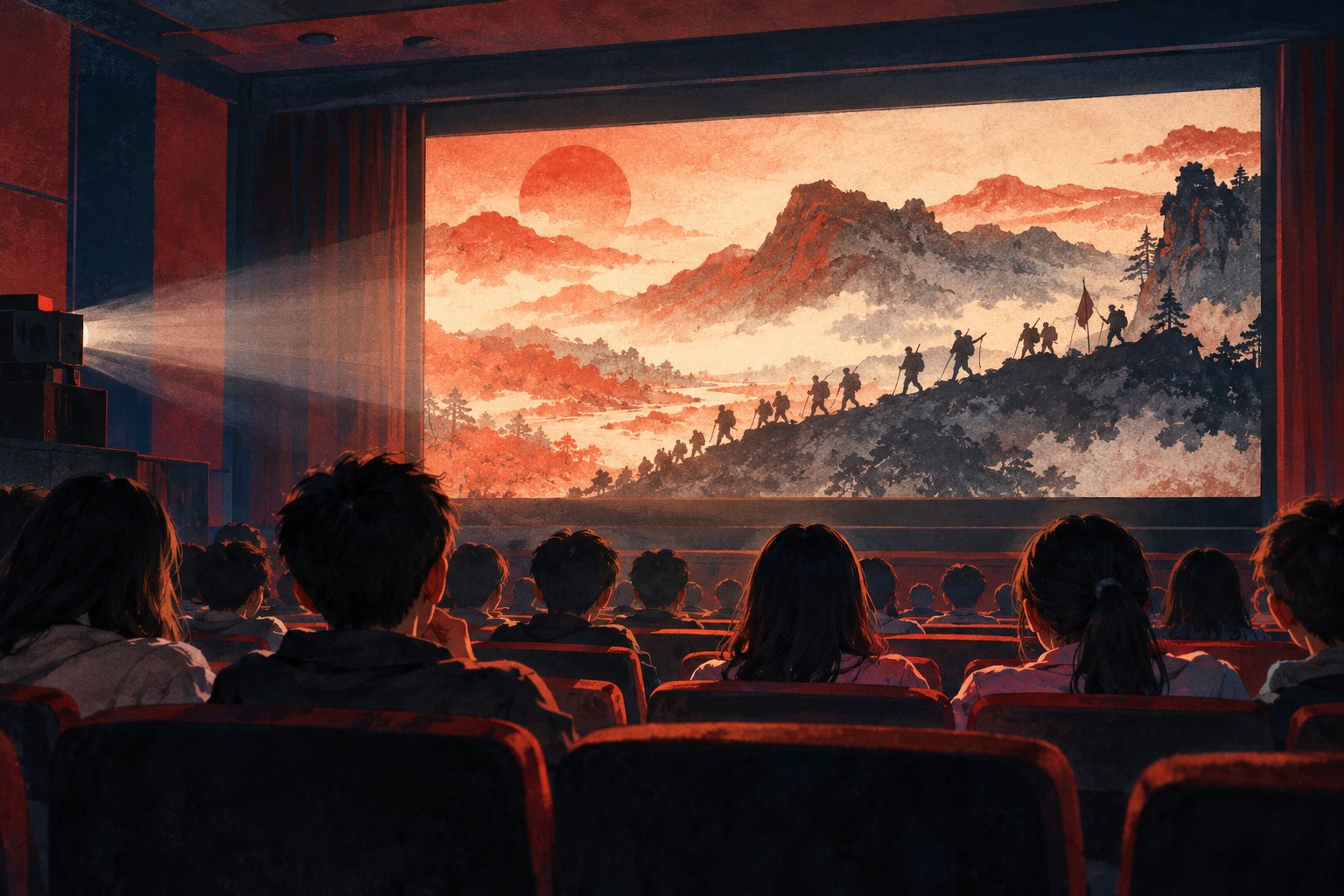 校园放映厅内,学生面向映有山岭与远行队伍剪影的银幕观看电影,原创插画