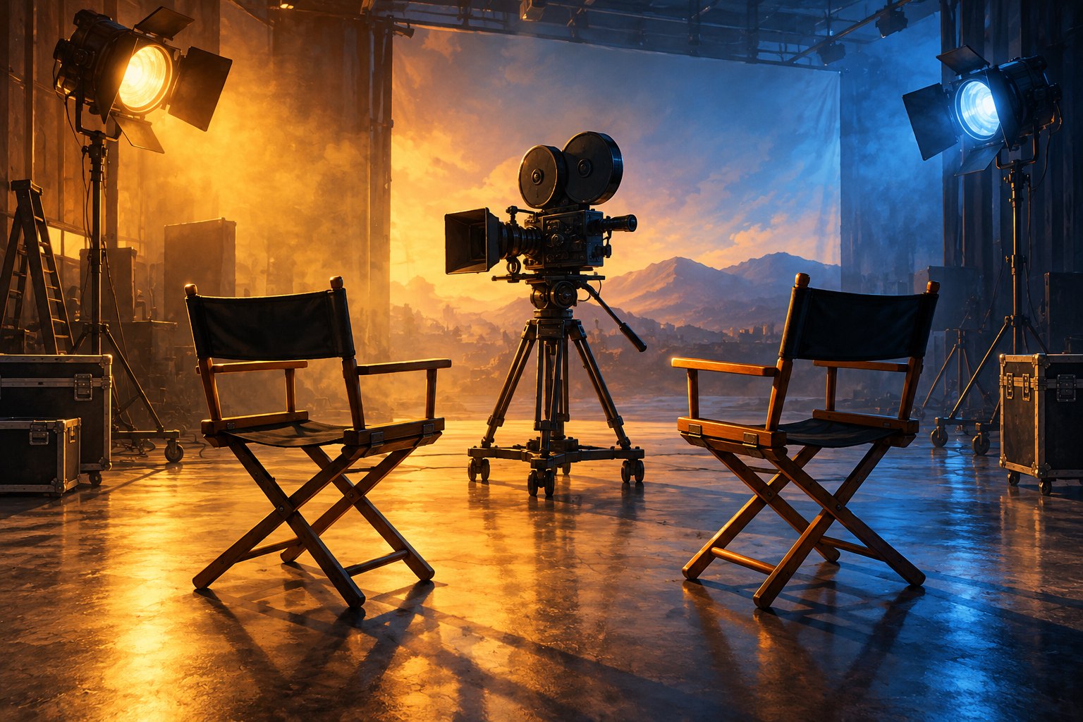 Conceptual illustration of two empty director chairs facing a movie camera on a soundstage lit in amber and blue.