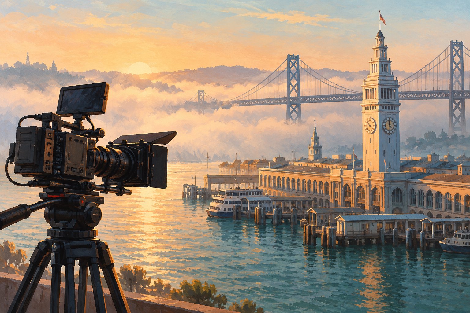 Editorial illustration of a movie camera overlooking San Francisco’s Ferry Building and a misty waterfront.