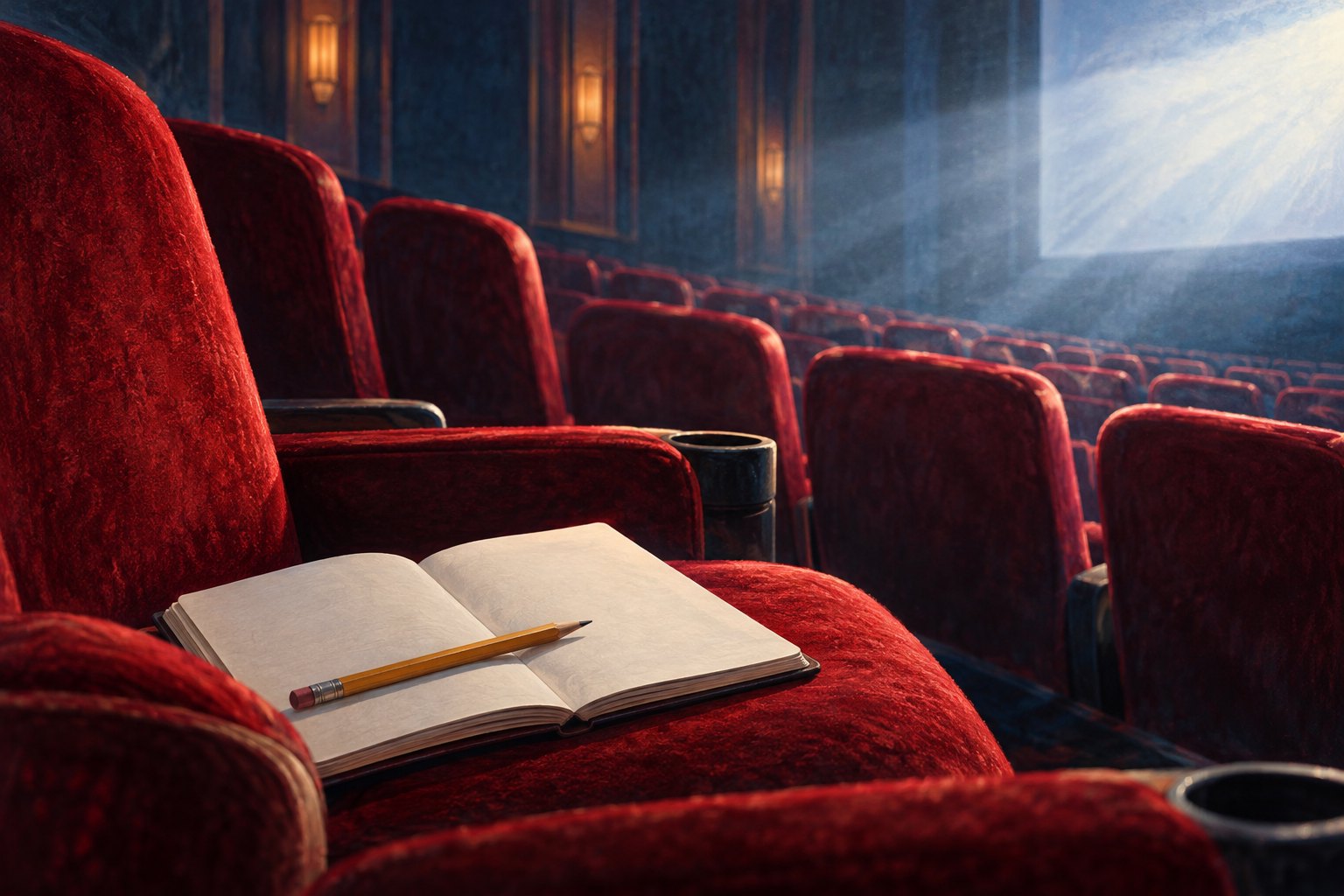An open notebook and pencil rest on a red velvet cinema seat in the glow of a bright screen.
