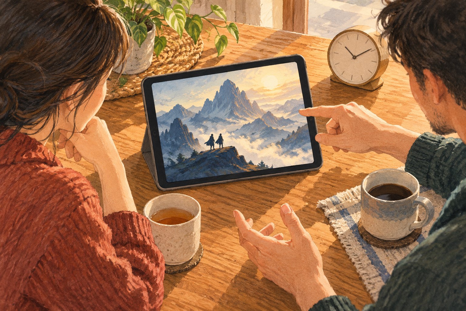 原创插画:两位朋友在桌边用平板观看山峦与人物画面,商量观影选择