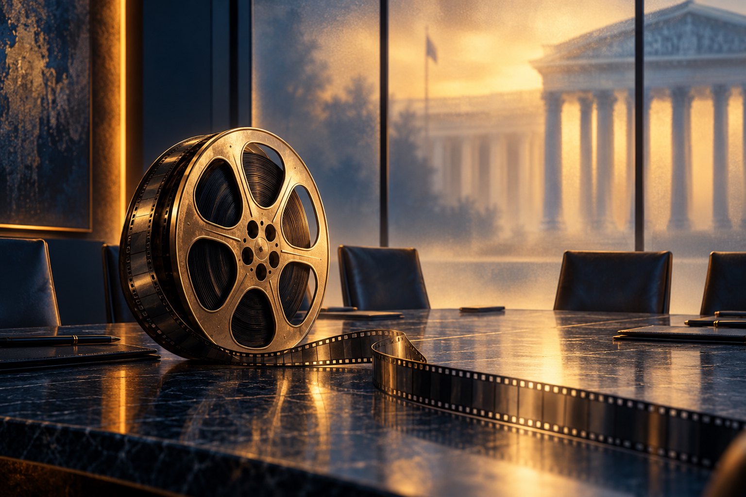 Conceptual illustration of a film reel on a conference table with government-style columns beyond frosted glass.
