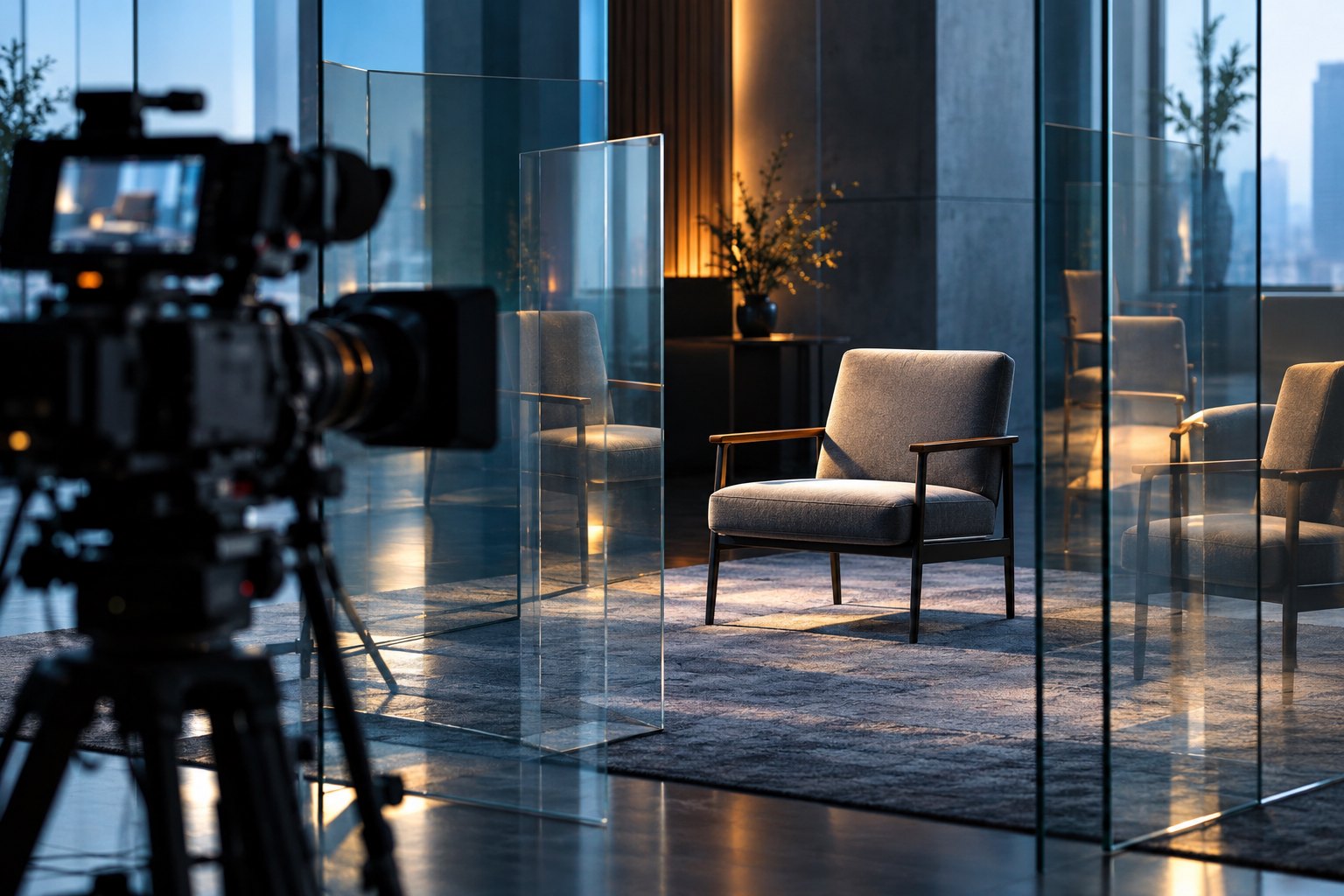 An empty interview chair appears through overlapping glass reflections beside a camera in a conceptual illustration.