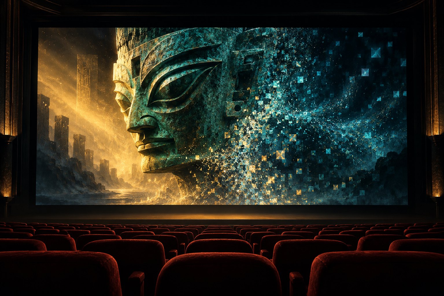 概念插画:暗红色影院座椅前,银幕上的青铜面具逐渐化为数字粒子